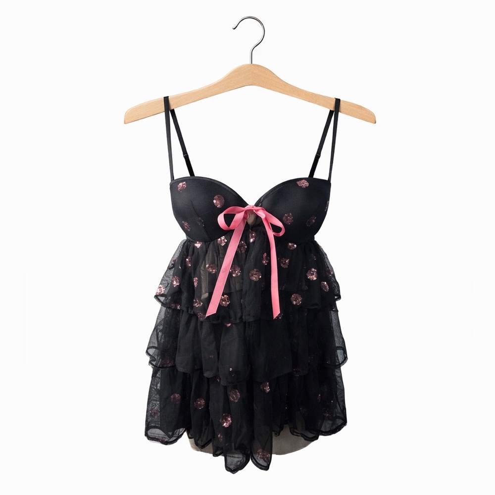 Victoria’s Secret Black Pink Polka Dot Babydoll Chemise NWT 34C Sexy Lingerie
